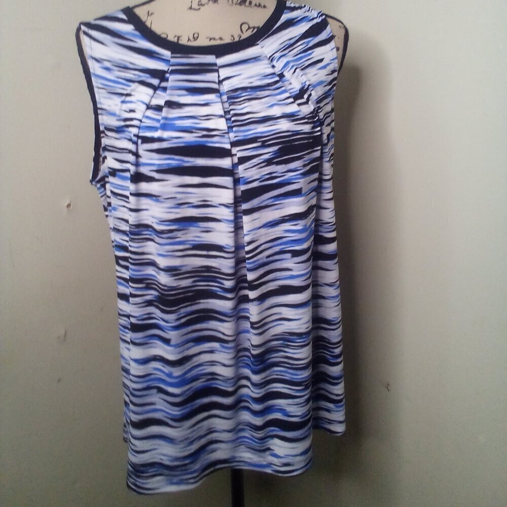 Ellen Tracy Blouse Women L Sleeveless Soft Stretch Back Zipper Blue Black